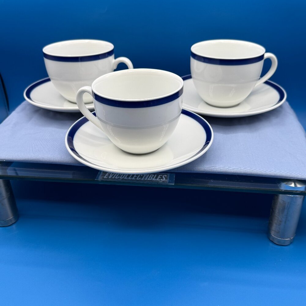 Williams Sonoma Brasserie Blue Stripe Porcelain Cup and Saucer Set of 3